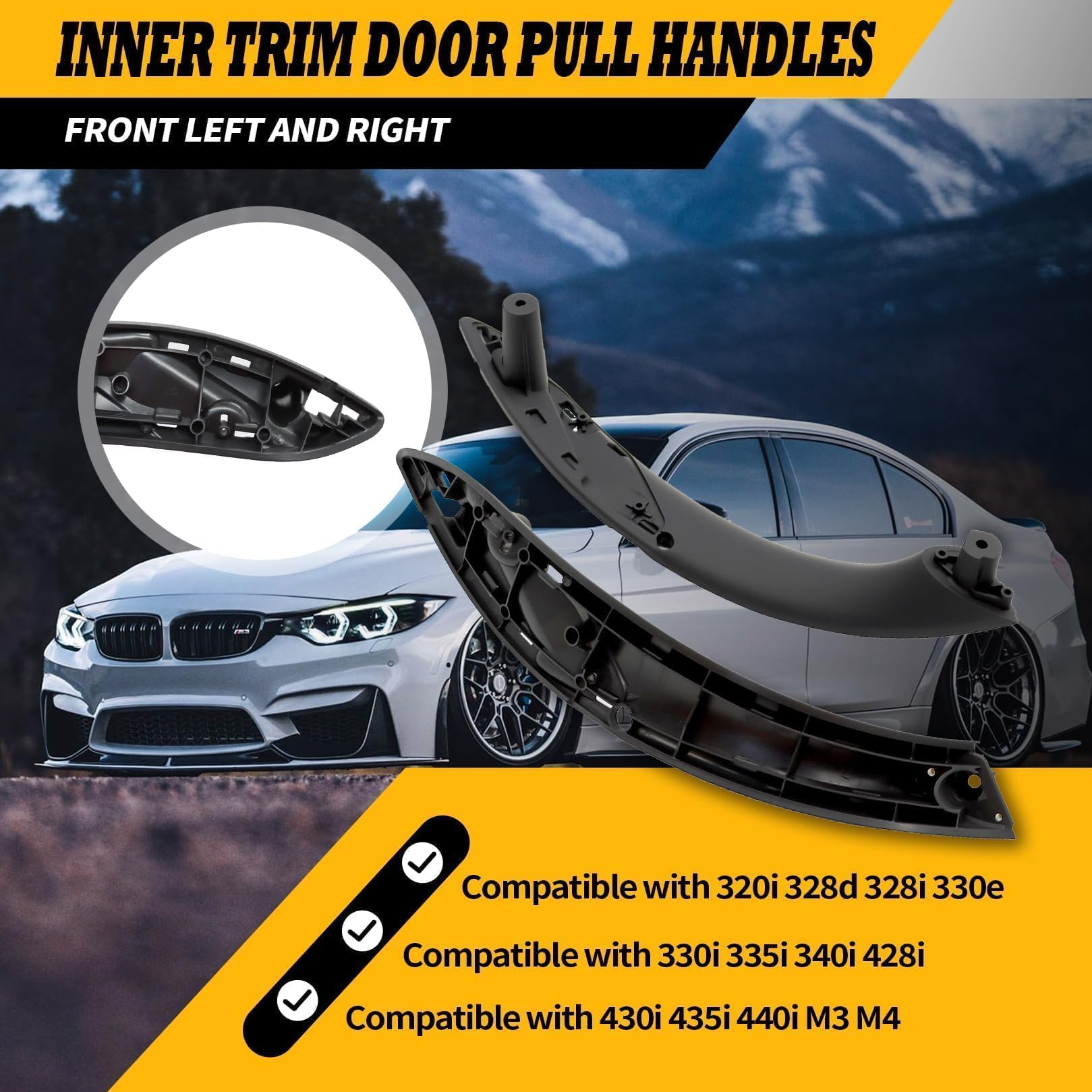 Jecoupoon black front-right door handle closeup highlights durable ABS+PC construction with long-term reliability.