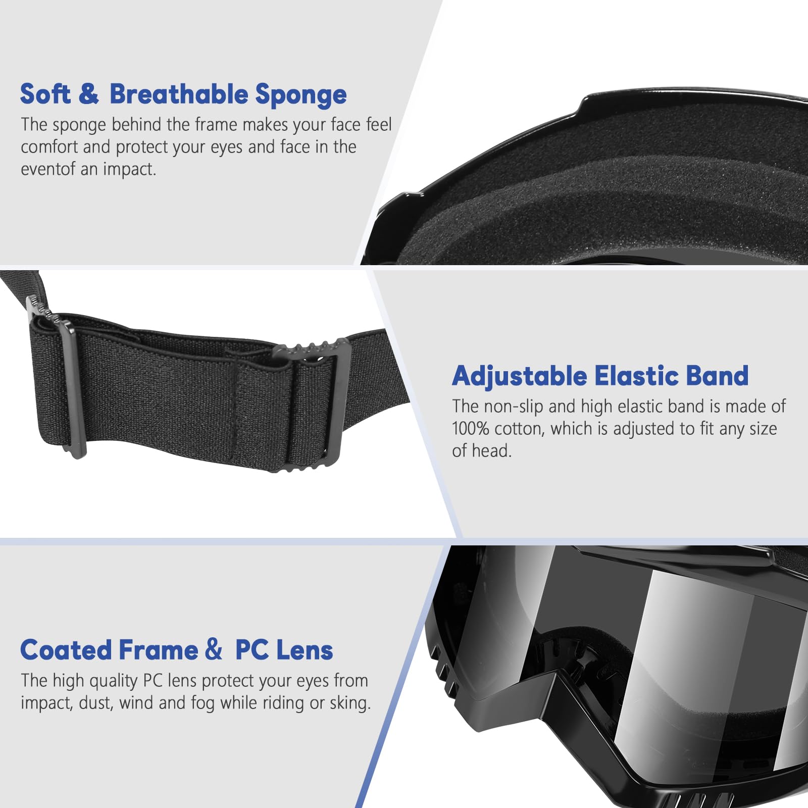 Jeemeele goggles side view with strap provide secure helmet compatibility.