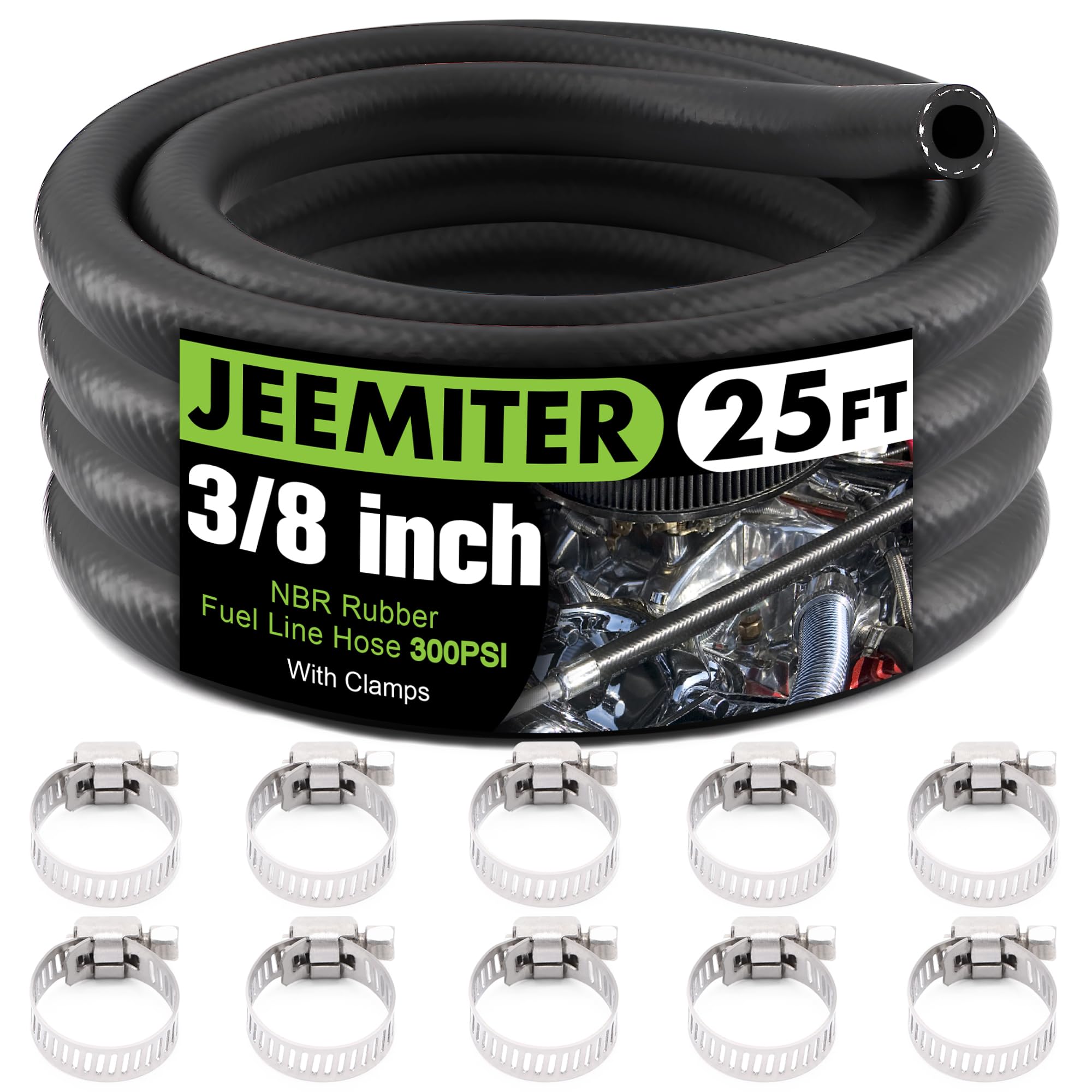 Jeemiter 3/8 inch ID fuel hose kit assembled view, ideal for automotive and marine fuel transfer.