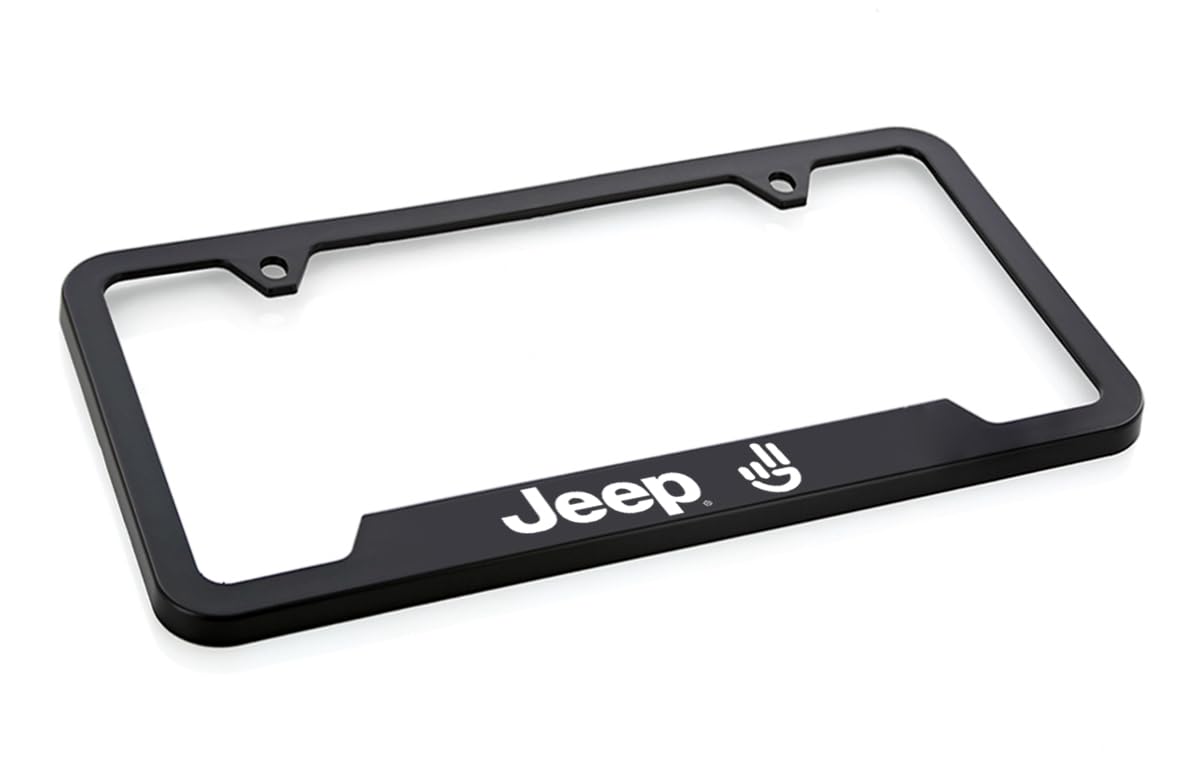 Jeep Wave license plate frame - in-car view shows secure fit on a standard plate.