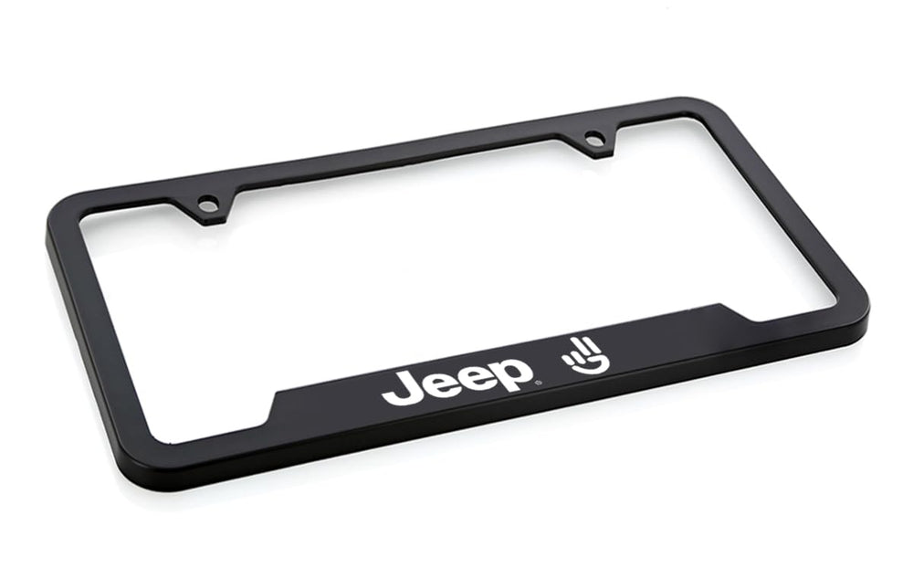 Jeep Wave license plate frame - in-car view shows secure fit on a standard plate.