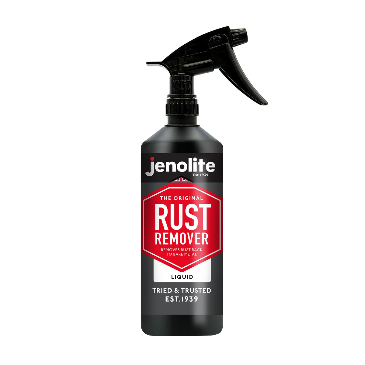 Jenolite Original rust remover bottle showing fast rust removal for bare metal surfaces.