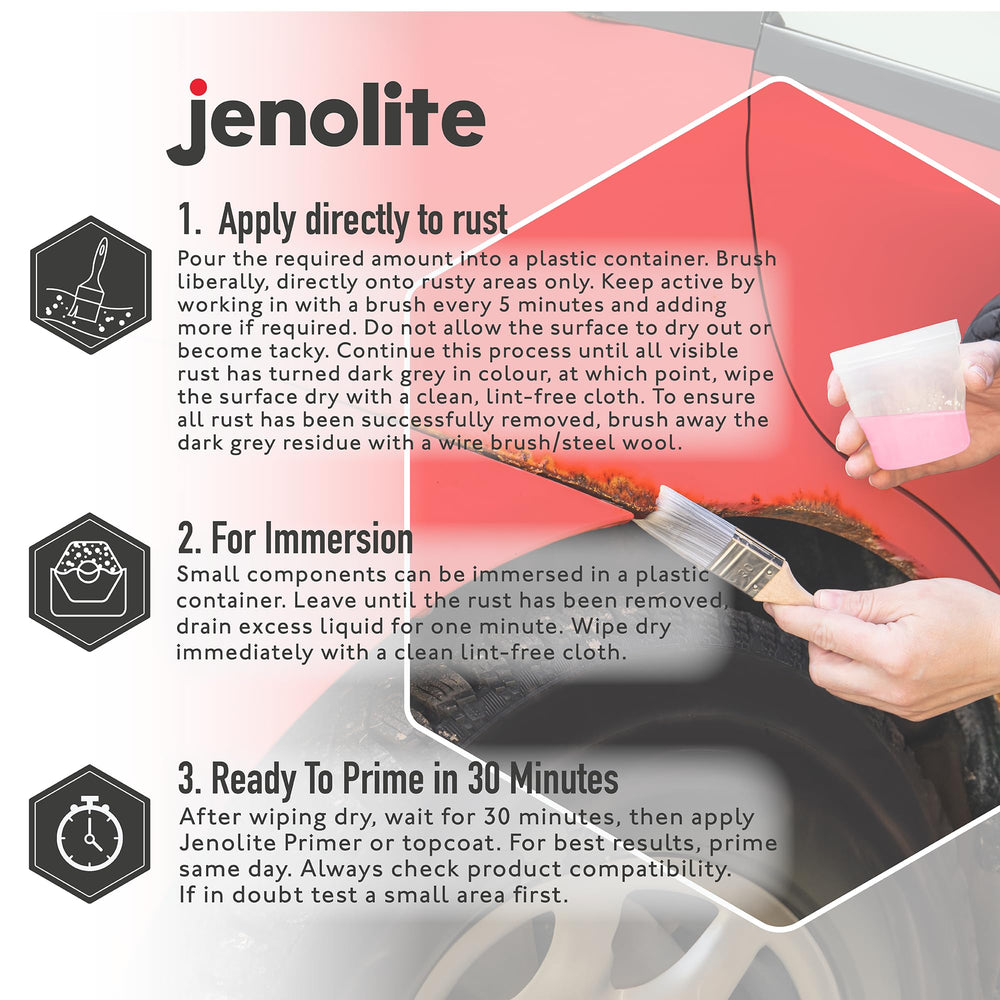 Jenolite rust remover brush application ready for precise spot treatment on metal parts.
