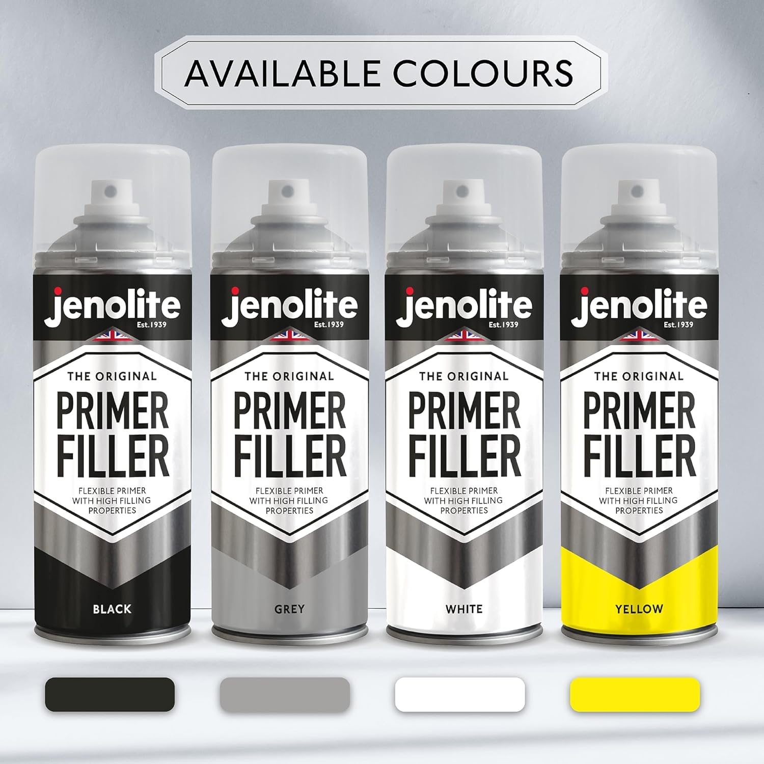 JENOLITE Primer Filler Aerosol Paint Grey ideal for automotive preparation.
