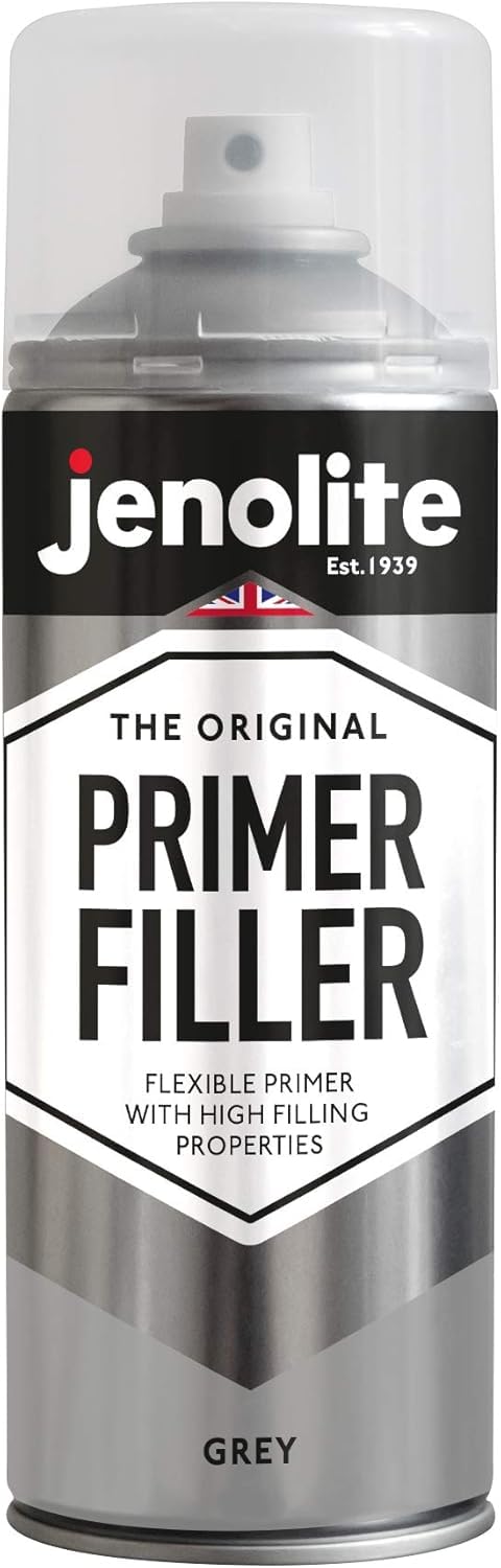 JENOLITE Primer Filler Aerosol Paint Grey can close-up with label.