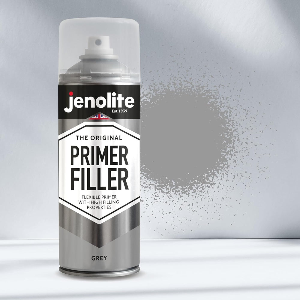 JENOLITE Primer Filler Aerosol Paint Grey dries quickly for early top coats.