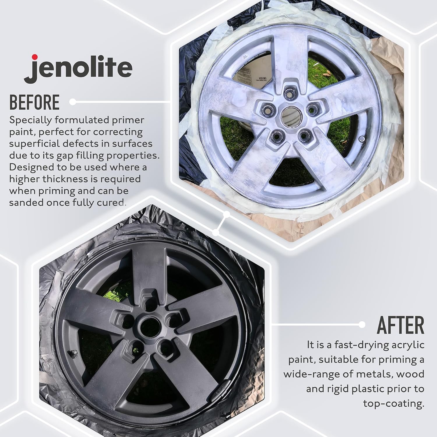 JENOLITE Primer Filler Aerosol Paint Grey applying to create a smooth finish.