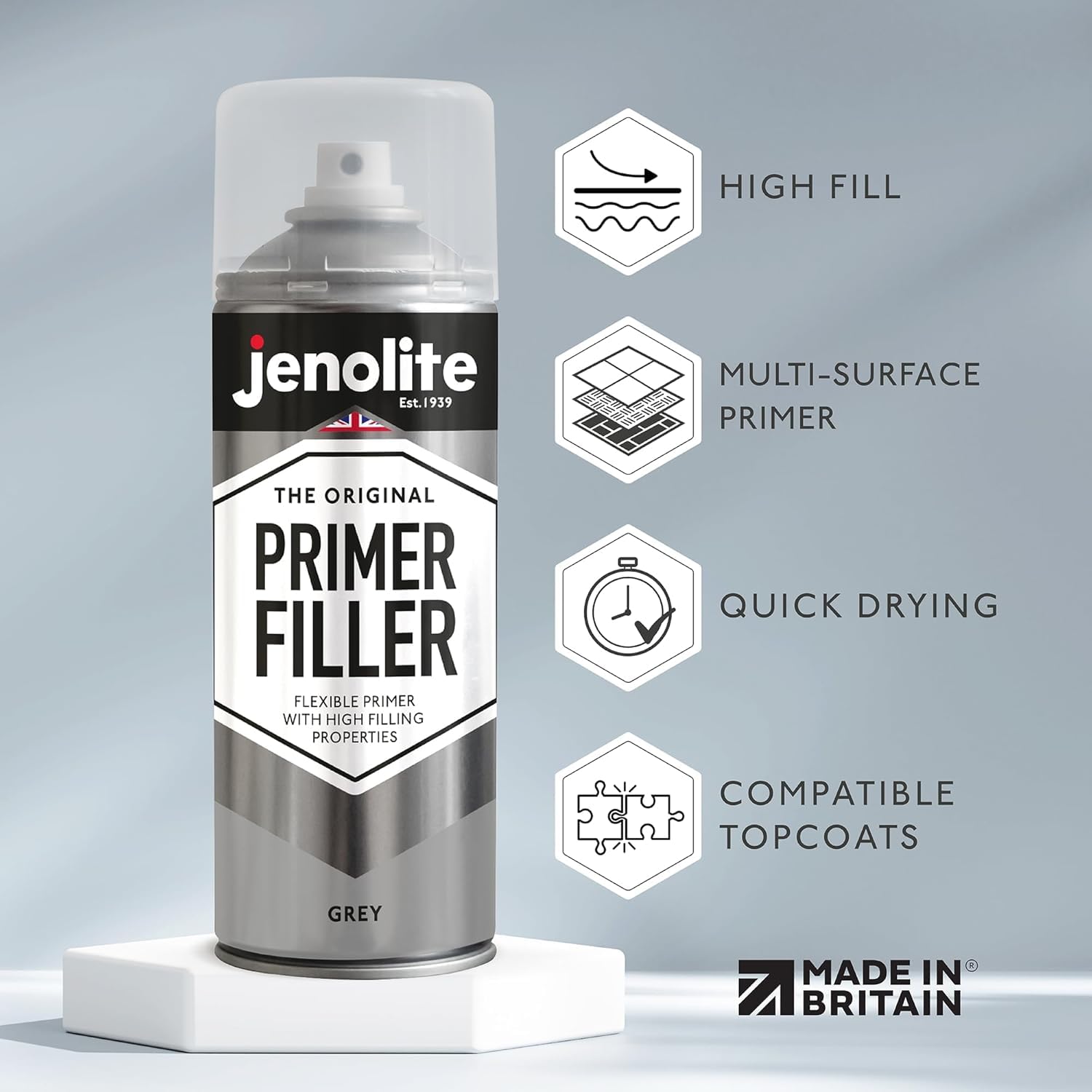 JENOLITE Primer Filler Aerosol Paint Grey sprayed onto metal surface for prep.