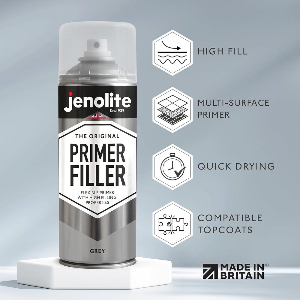 JENOLITE Primer Filler Aerosol Paint Grey sprayed onto metal surface for prep.