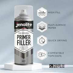 JENOLITE Primer Filler Aerosol Paint Grey sprayed onto metal surface for prep.