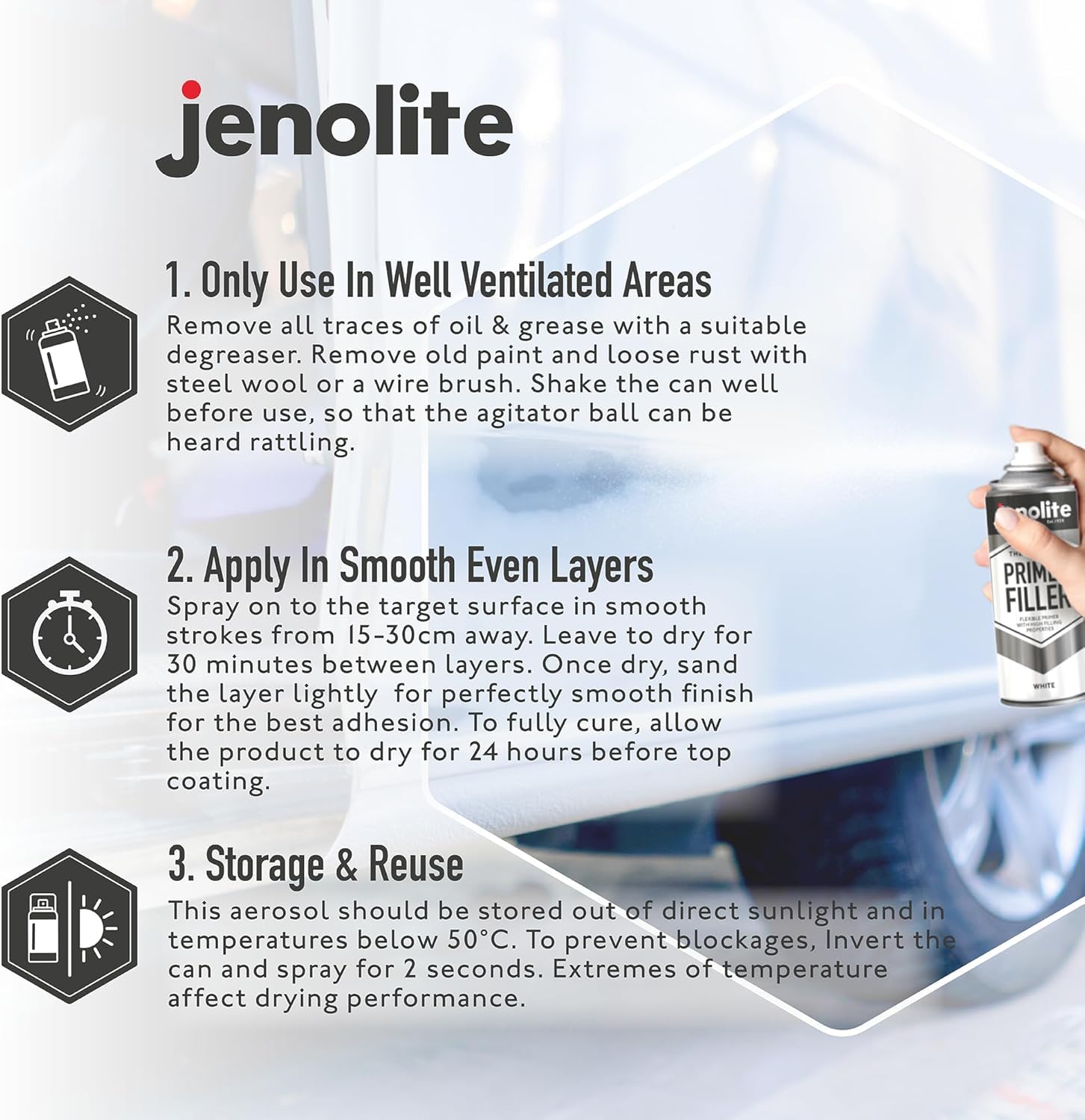 JENOLITE Primer Filler Aerosol Paint Grey applied to wood for a smooth base.