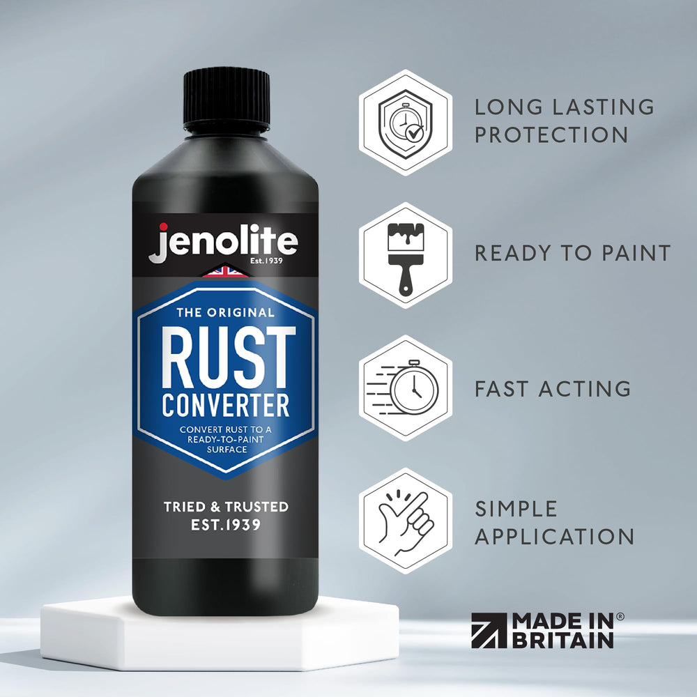 Jenolite rust converter spray on rust demonstrates fast reforming action.