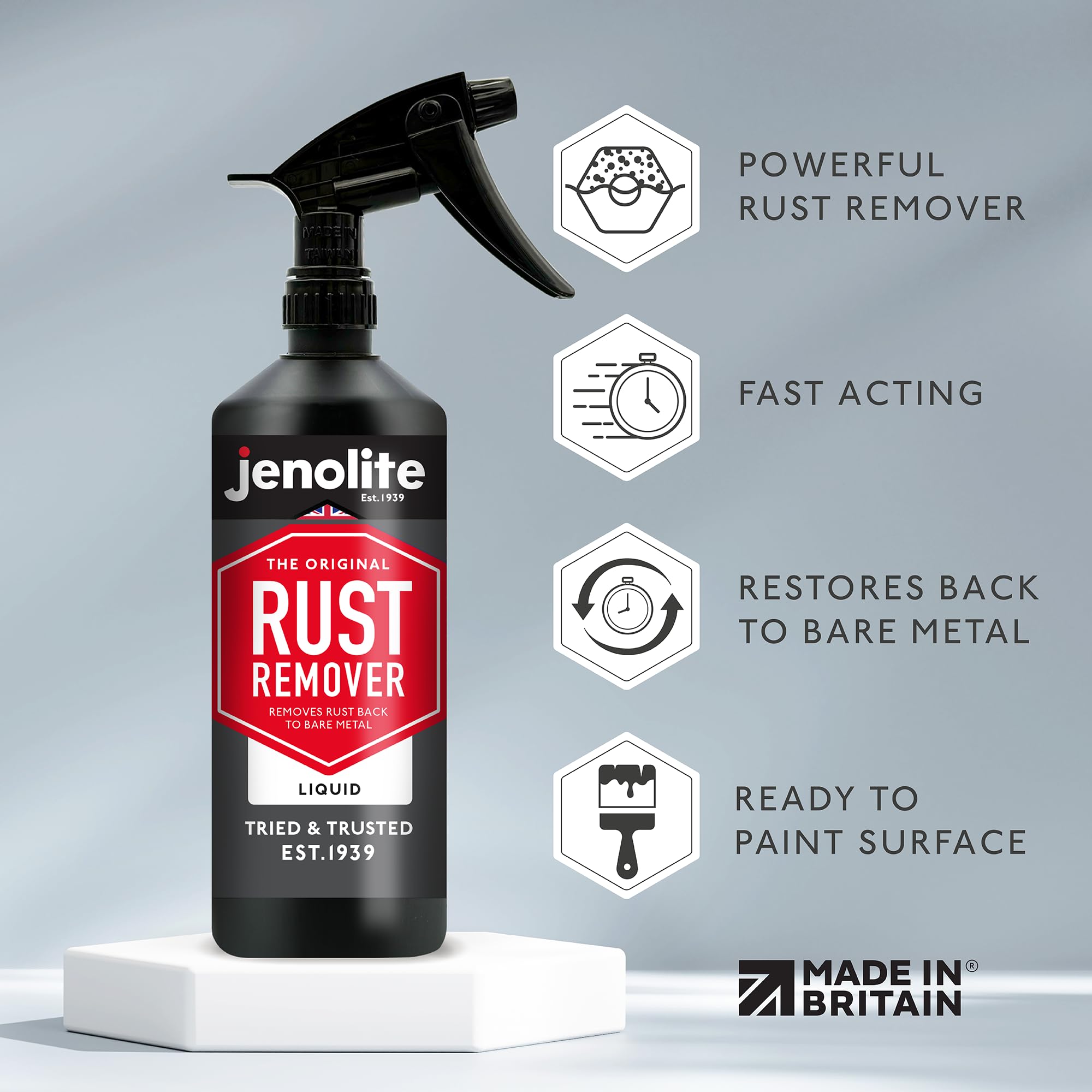 Jenolite rust remover trigger spray enables easy, even application on large or awkward areas.