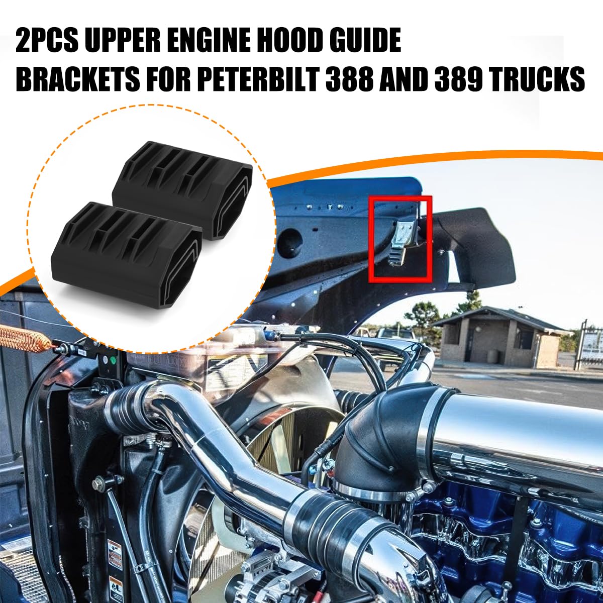 Jerbor upper hood guide installation view highlights easy fit for Peterbilt 388-389.