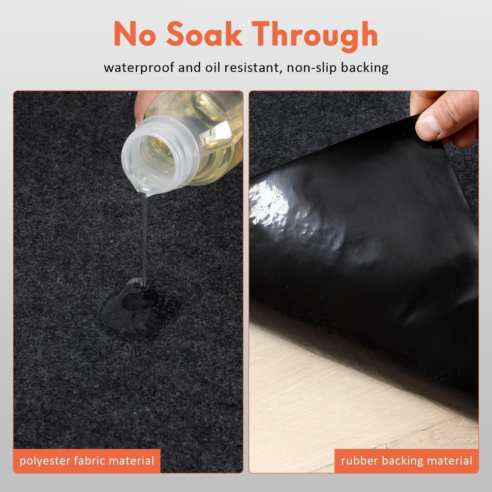 JERIA garage mat with waterproof backing prevents seepage and stays in place.