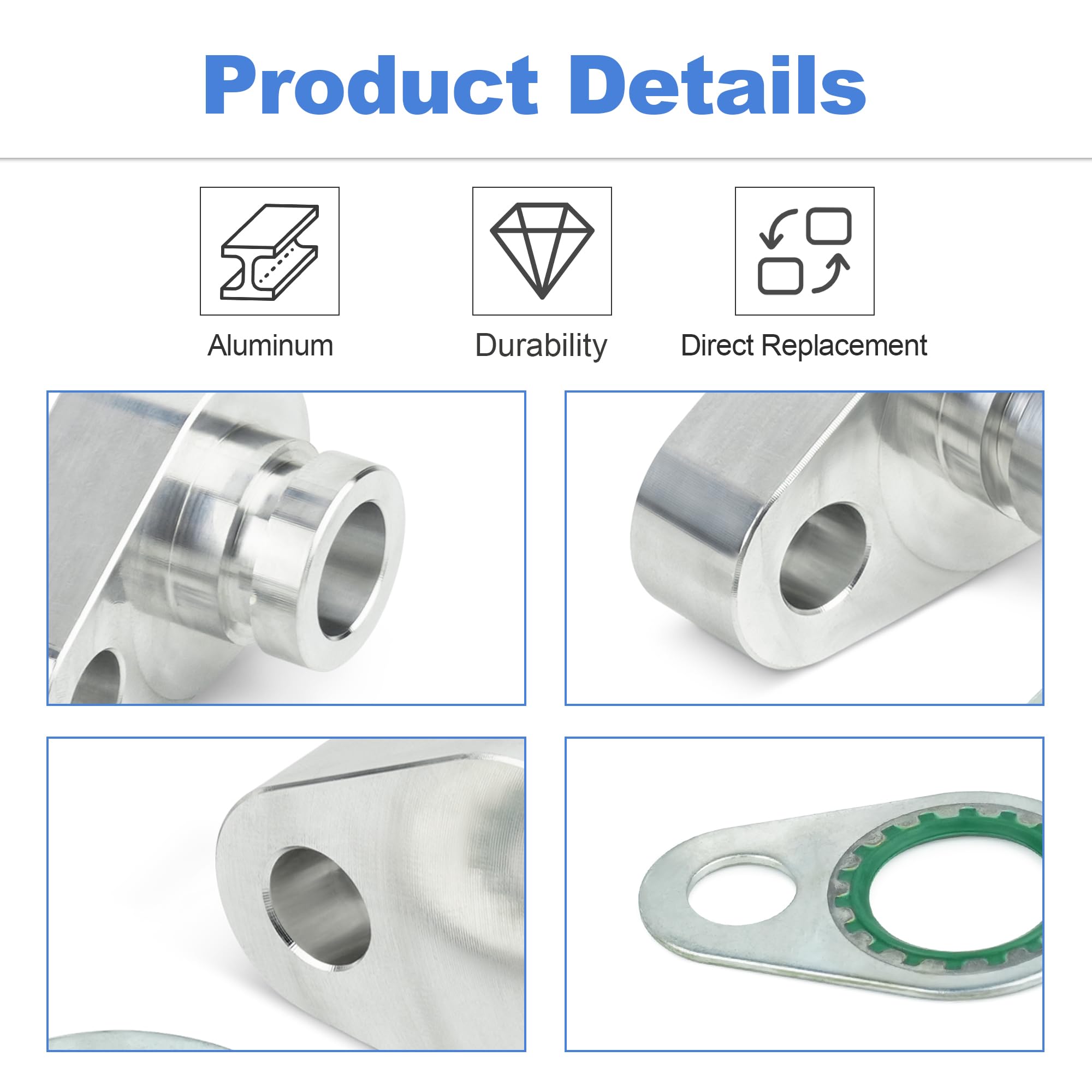 Aluminum block-off fitting with close-up emphasis on material and finish