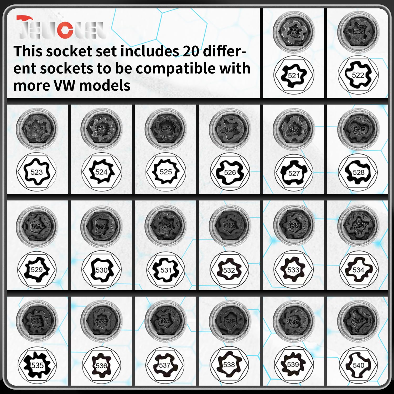 JEUCLEL 20 sockets array ensures VW group model compatibility for versatile work