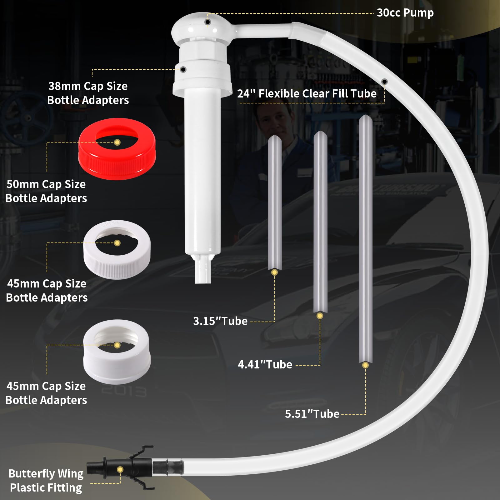 Jewheg fluid pump with 40mm adapter reduces spills when filling containers.