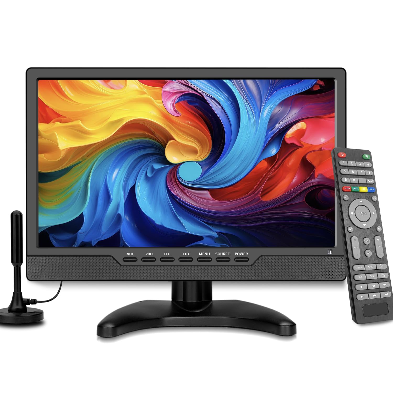 Jexiop 14-inch TV front view for compact bedside entertainment.