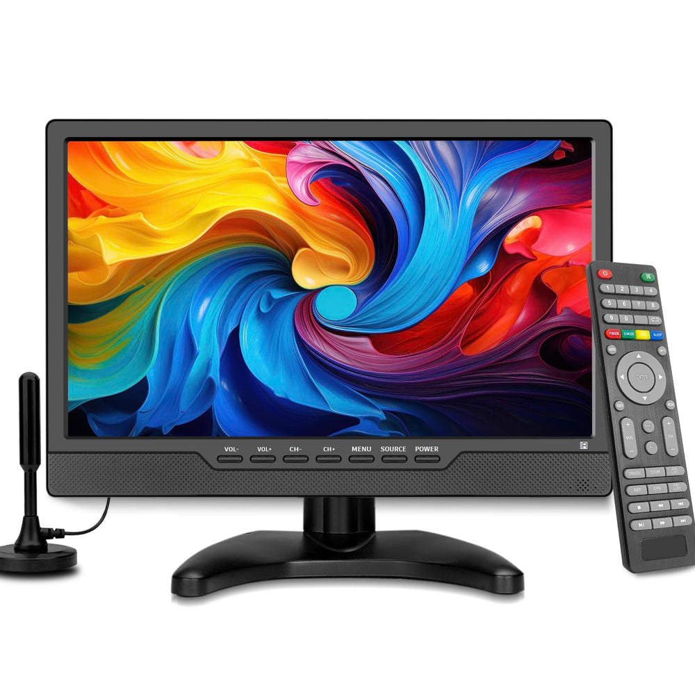Jexiop 14-inch TV front view for compact bedside entertainment.