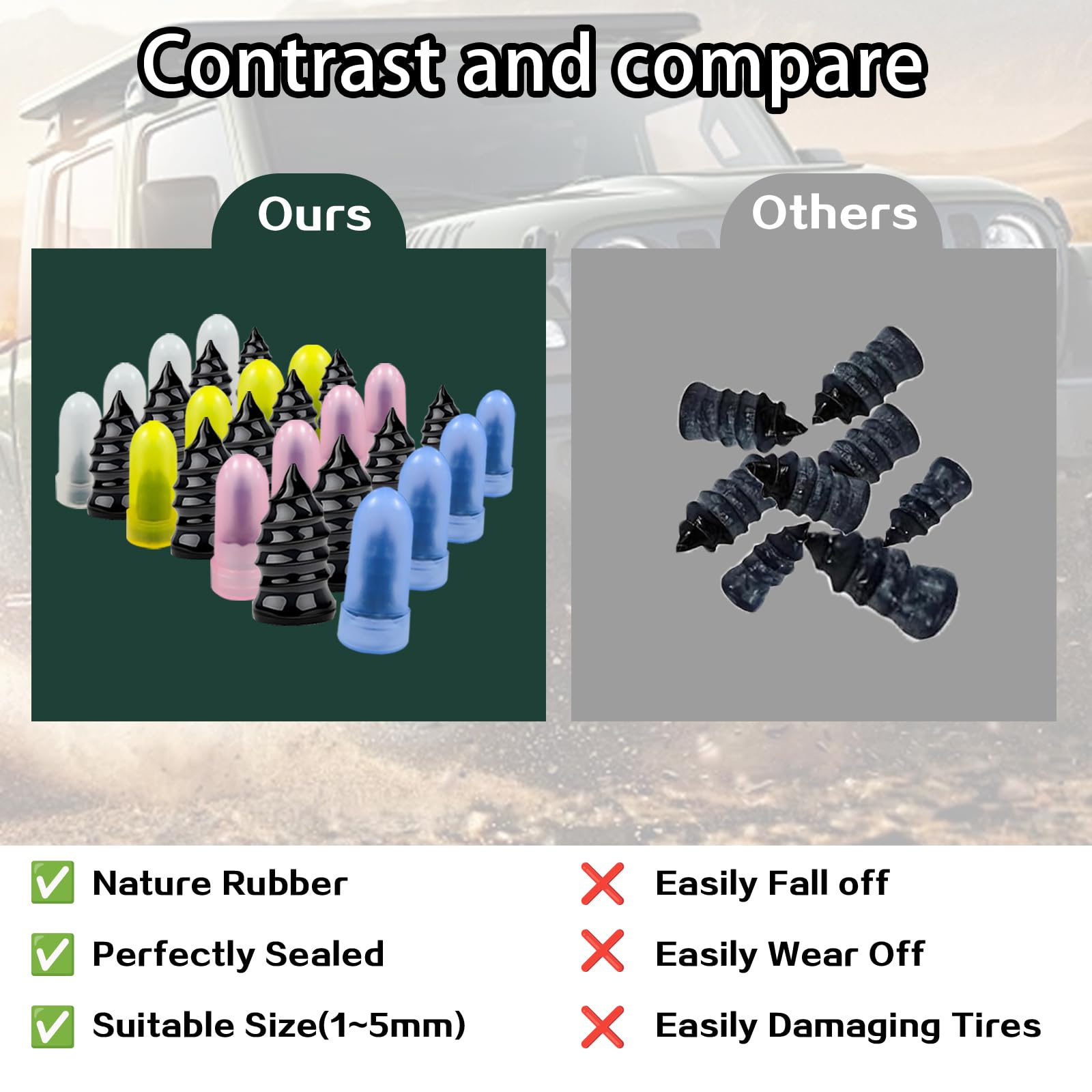 Jeyermier 4-size nails fit various puncture diameters for flexible roadside repairs.