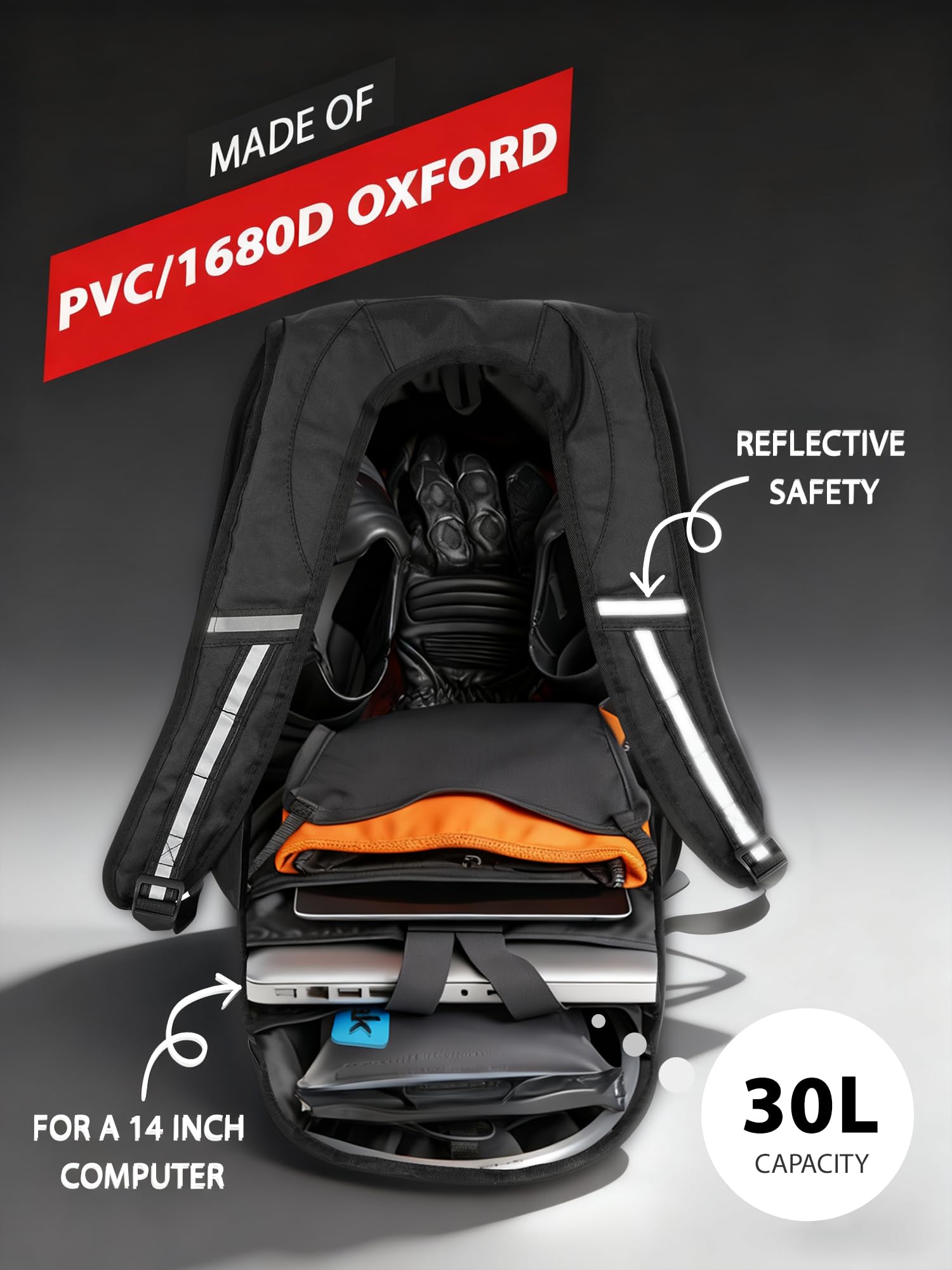 JFG RACING 30L capacity backpack open demonstrates roomy interior for gear