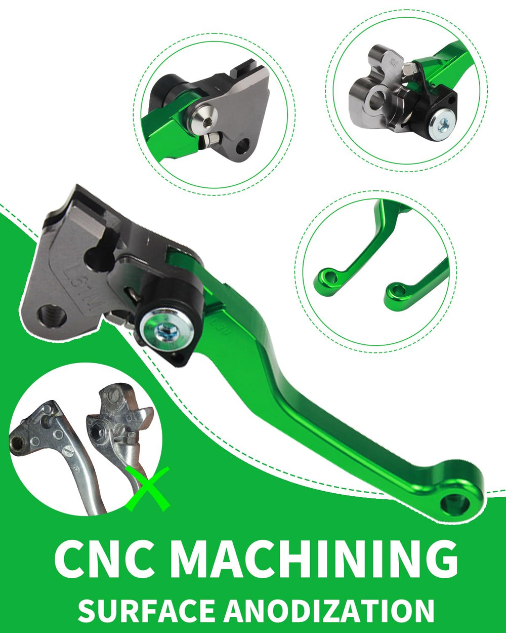 JFG RACING bright green anodized lever finish resists fading during rides.