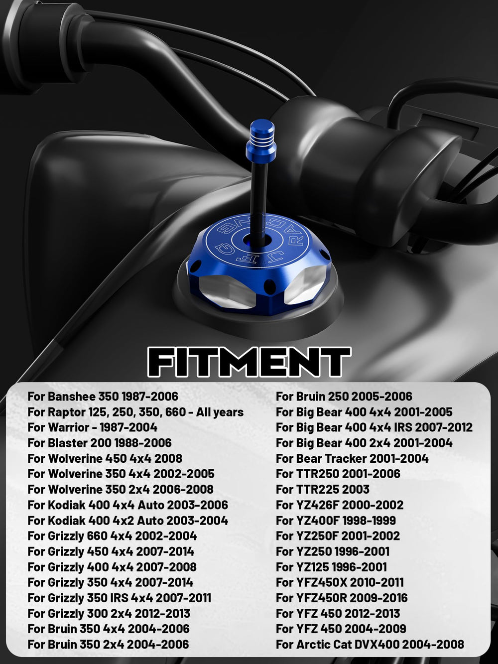 JFG RACING ATV gas cap front view highlights anodized color and protection.