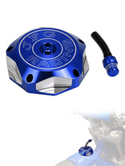 JFG RACING billet gas tank cap with vent hose front view showing spill protection