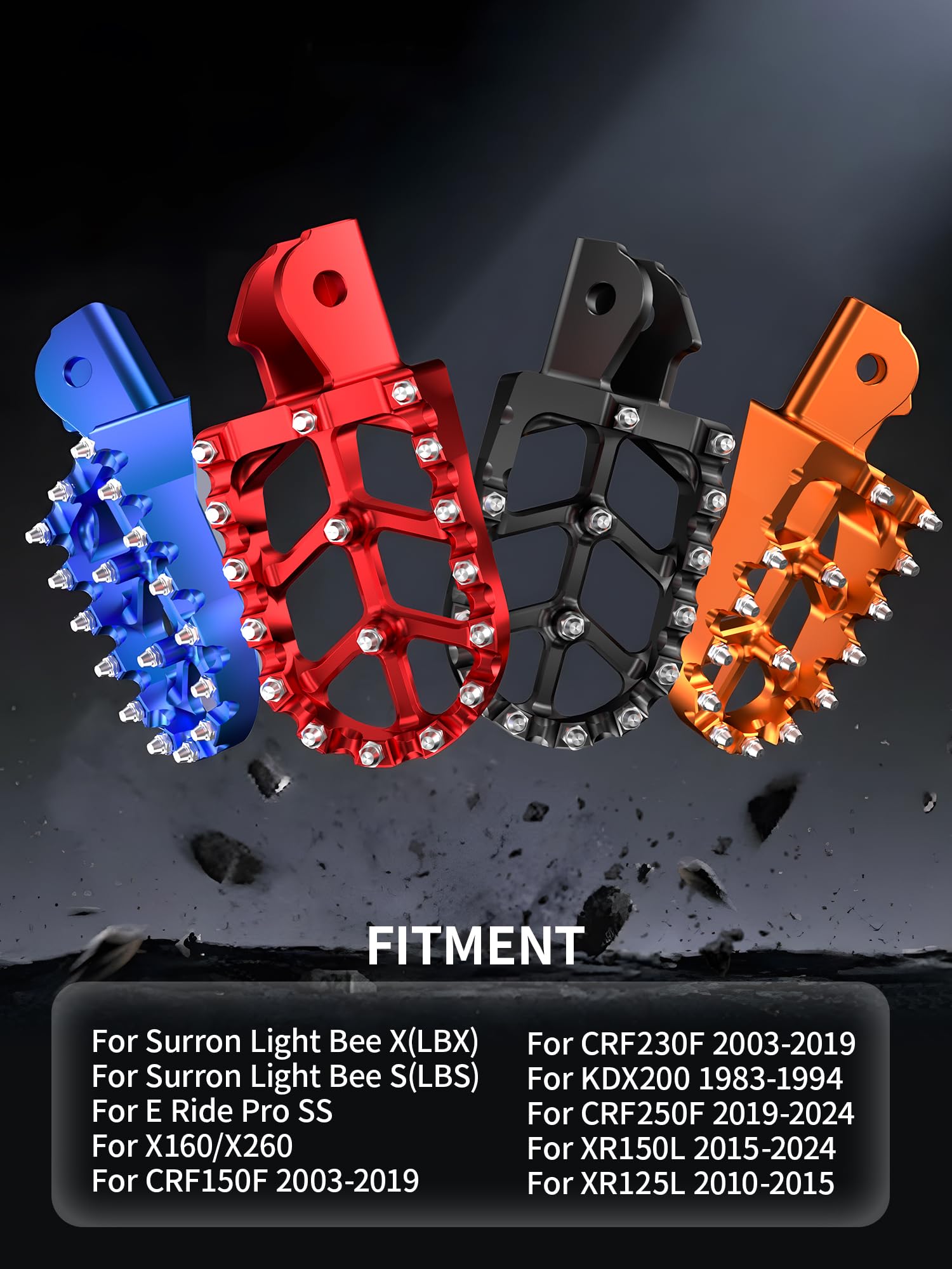 JFG RACING dirt bike foot pegs with a wide platform for solid footing.