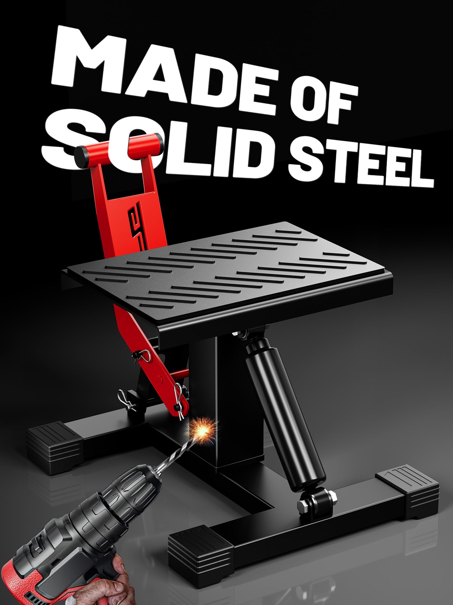 JFG RACING lift stand with handle enables single-person setup and positioning.