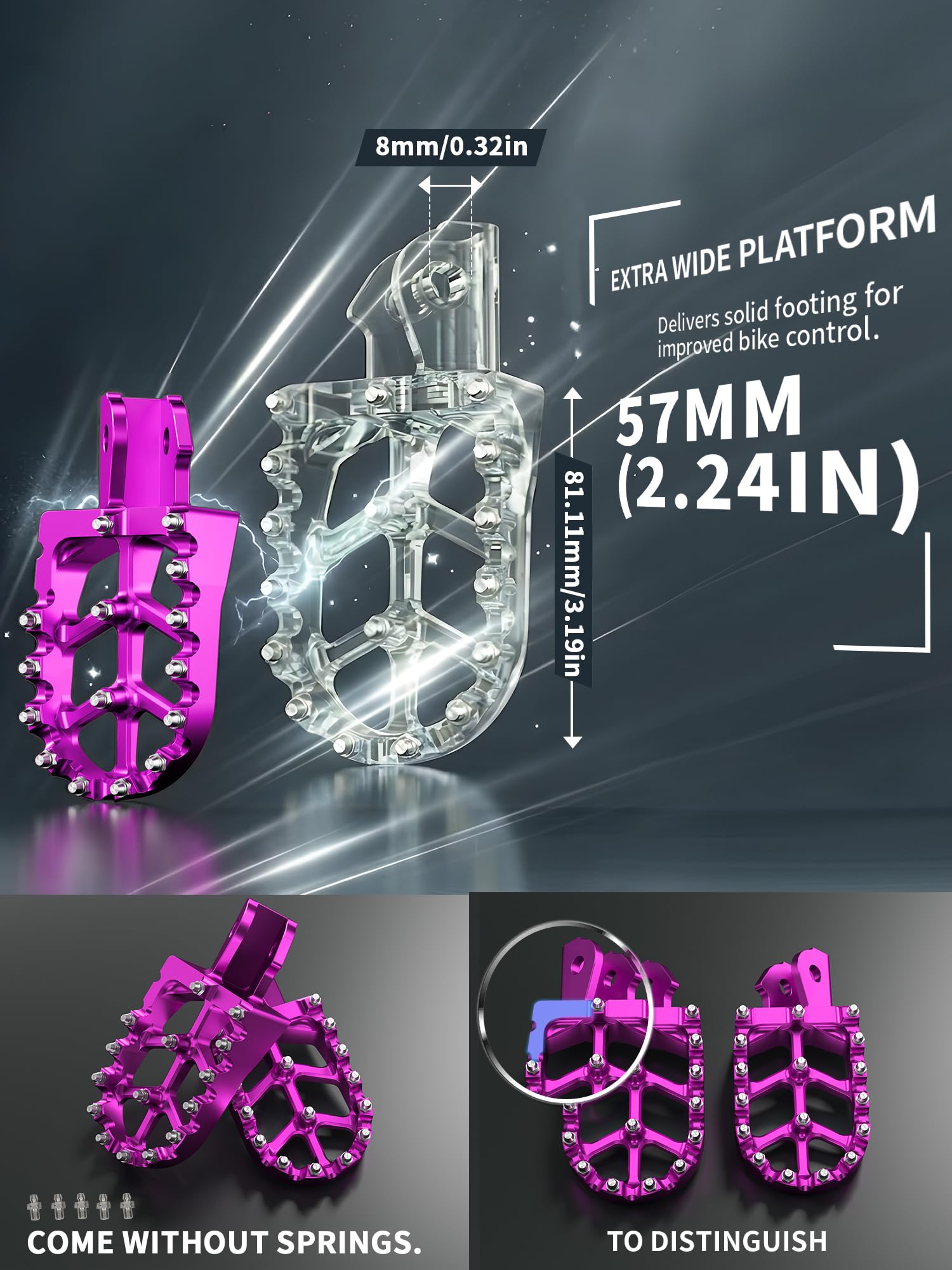 JFG Racing dirt bike pegs wide platform design for confident foot control.