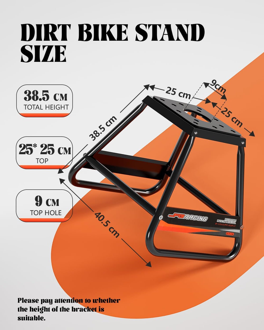JFG RACING dirt bike stand iron construction offers durable support.