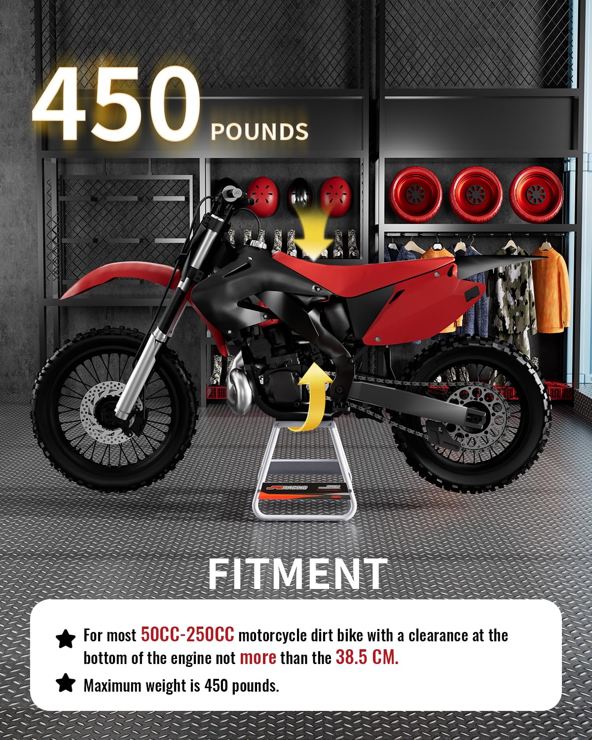 JFG Racing stand side angle illustrates sturdy iron frame and load-bearing design