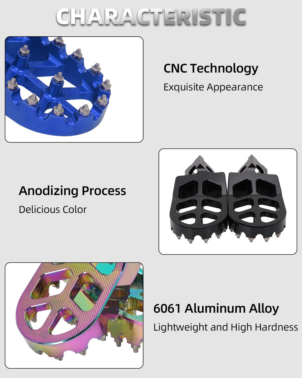 JFG Racing foot pegs anodized surface resists oxidation for long-lasting color