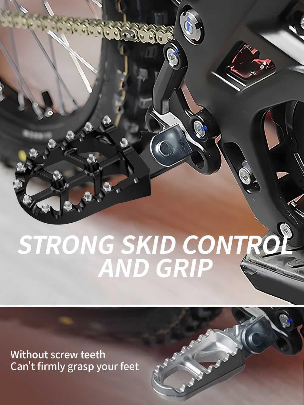 JFG RACING foot pegs feature extra-wide platform for stable footing and control.