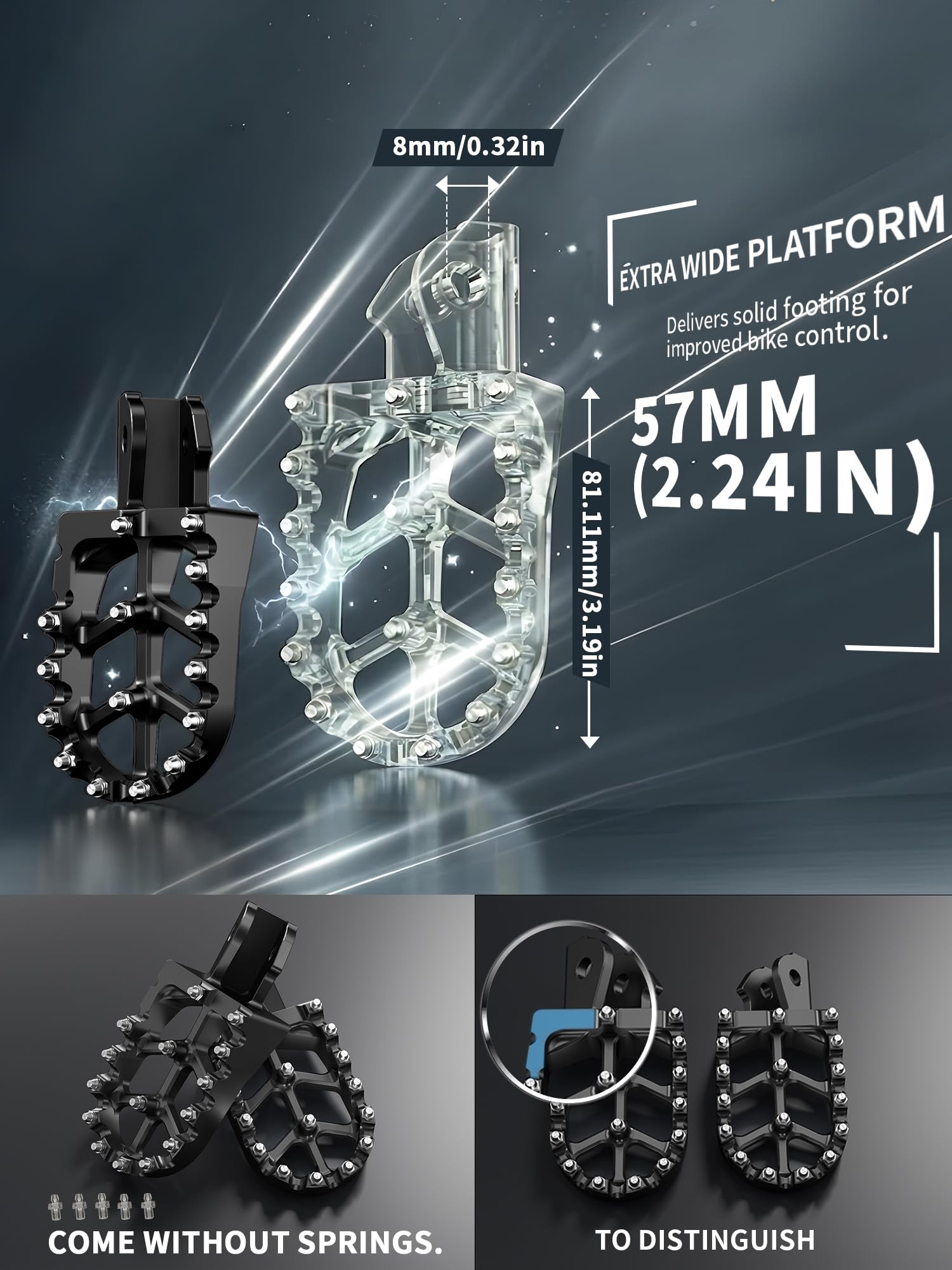 JFG RACING foot pegs screw teeth provide grip in wet or muddy riding.