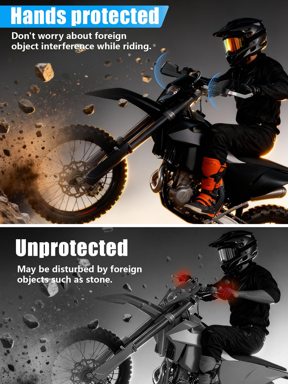 JFG RACING handguards protect hands from brush, rocks, mud, and wind.