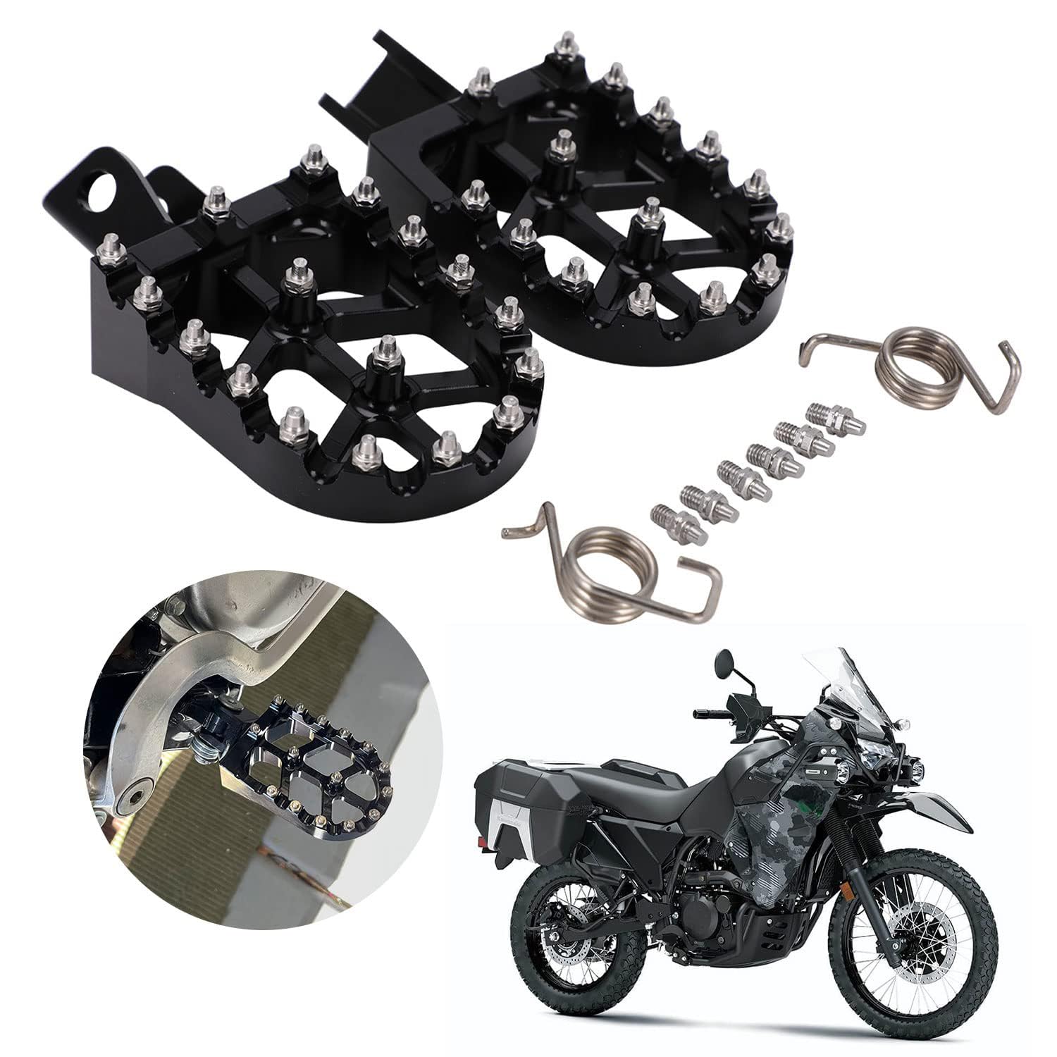 JFG RACING KLR650 footpegs black sideview boost grip on rugged trails.