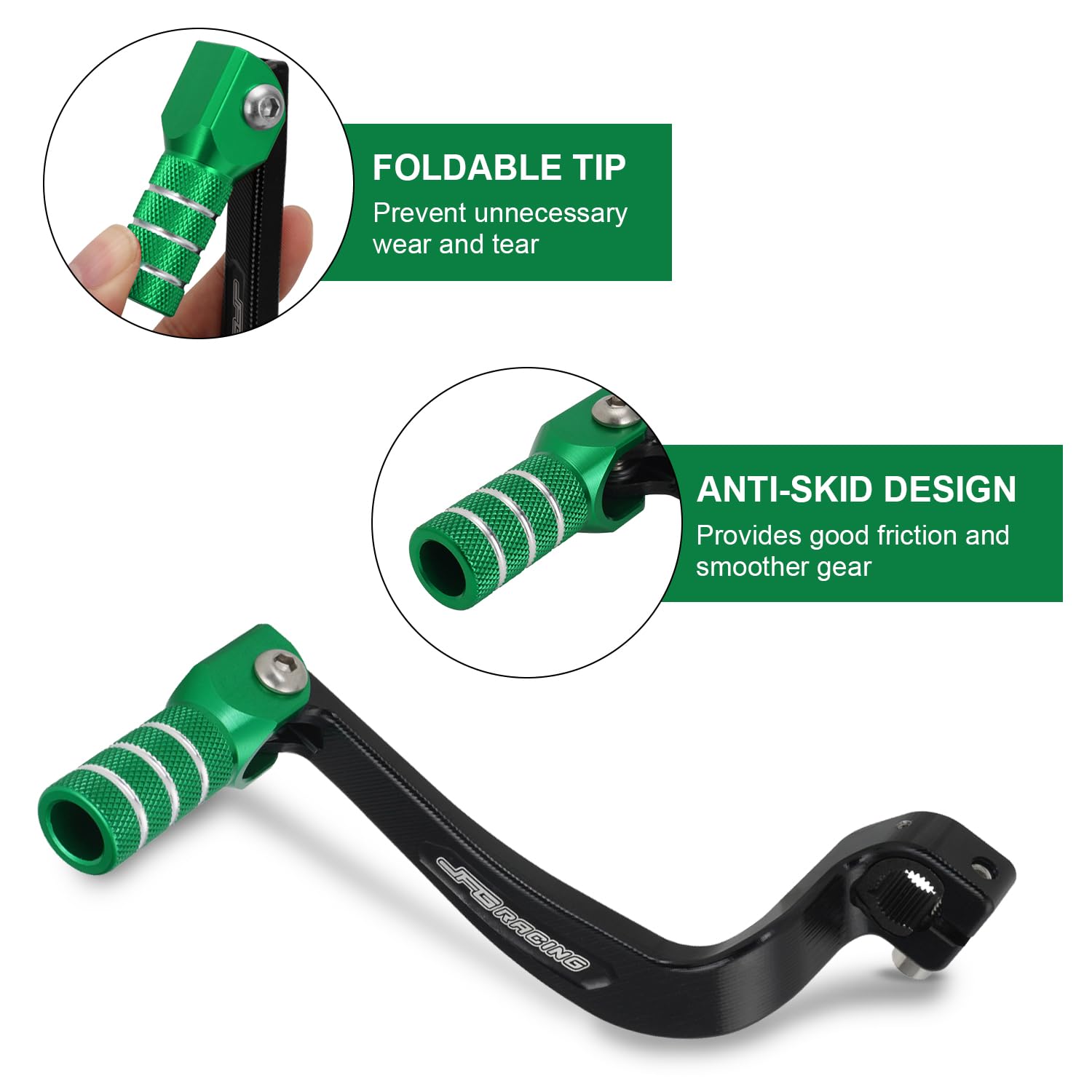 JFG RACING KLX110 anodized green finish resists wear.