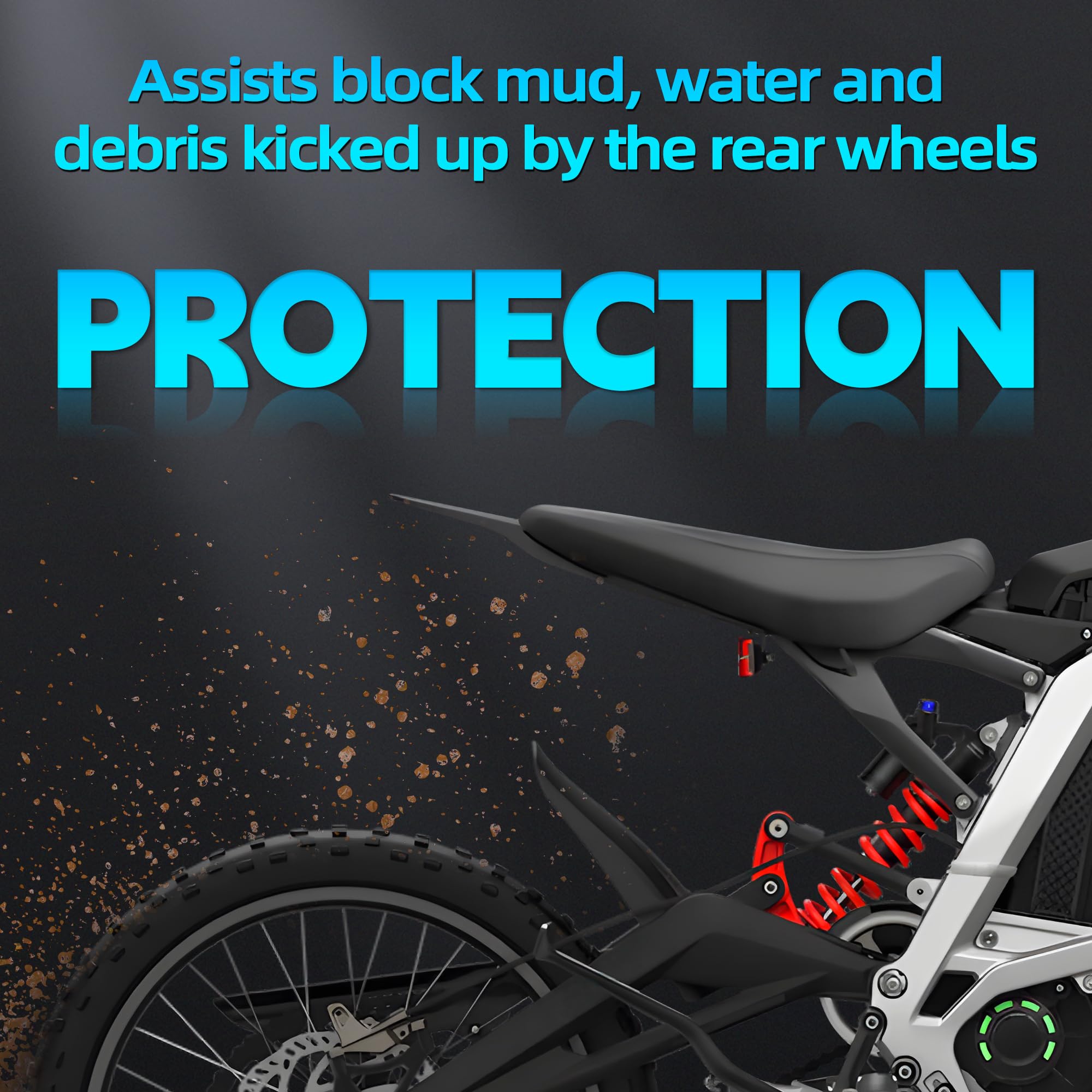 JFG RACING rear fender shields the tail from debris on muddy off-road trails.