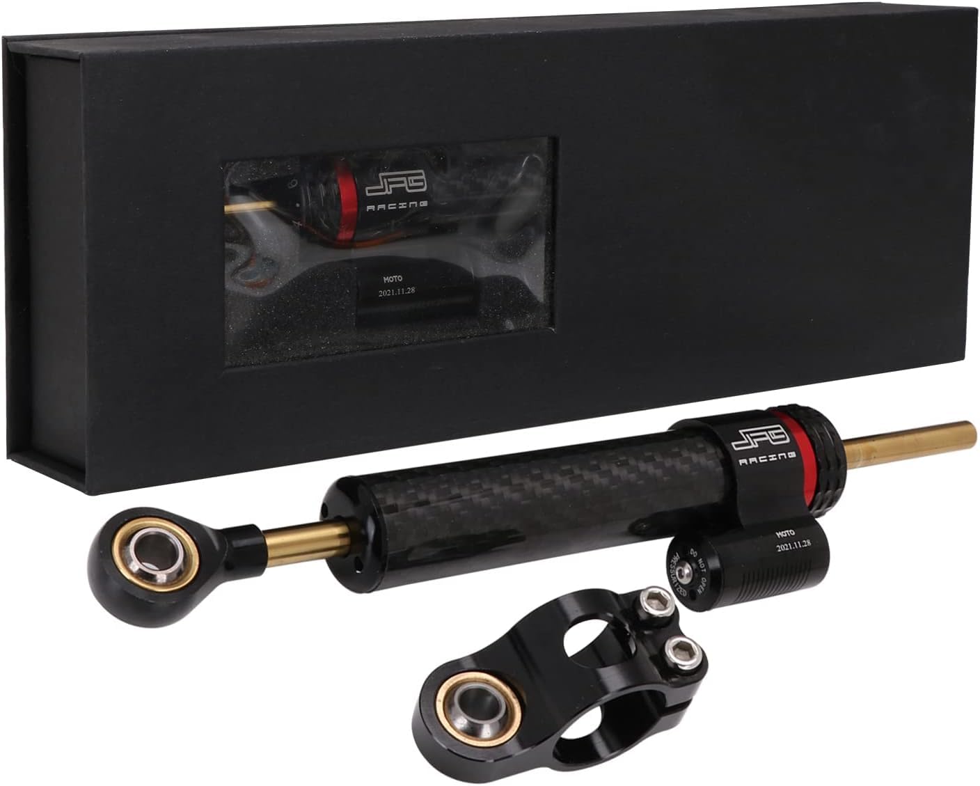 JFG RACING steering damper in 10-inch profile for universal motorcycle compatibility and stable handling.