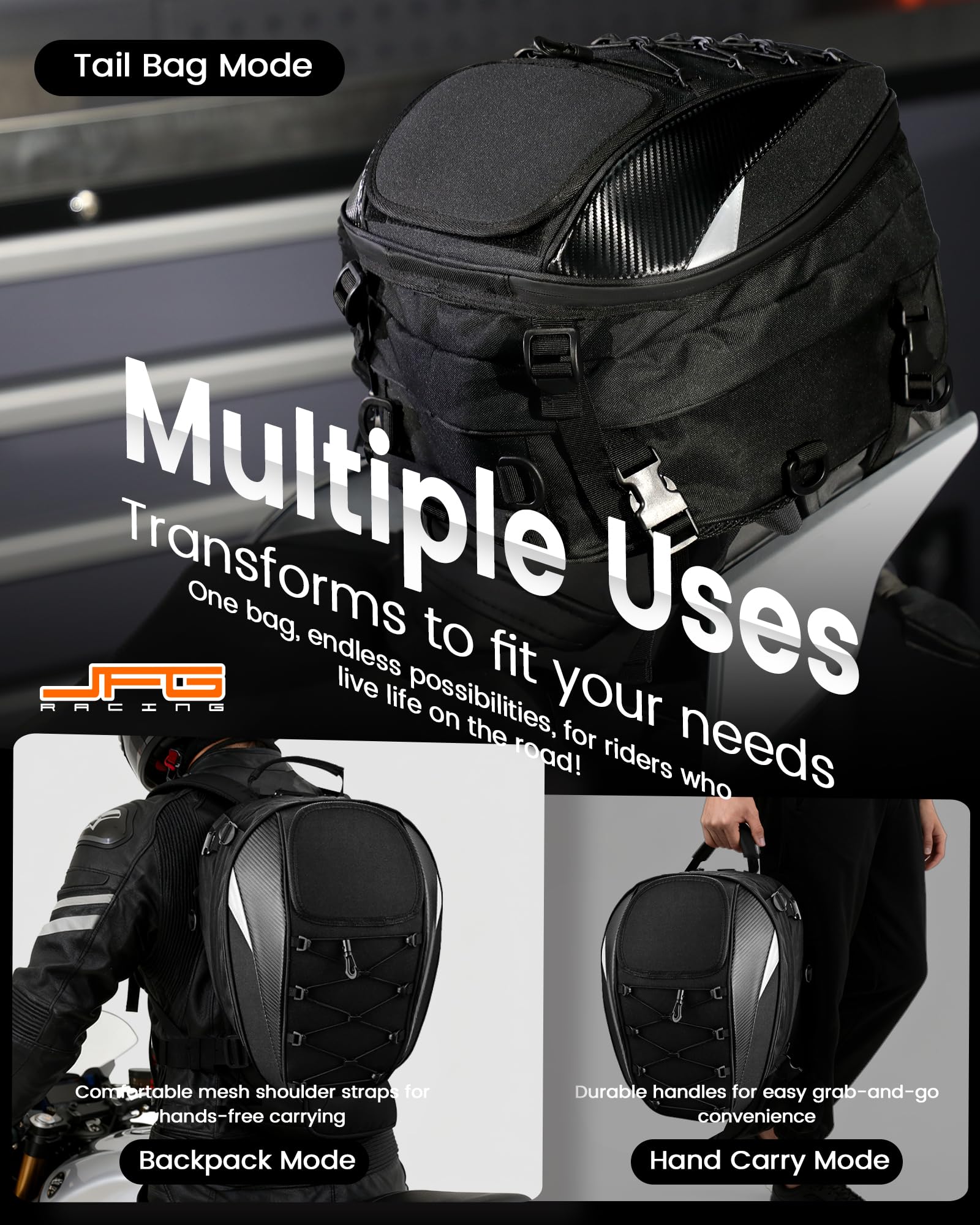 JFG RACING tail bag easy-installation ensures quick secure mounting on most bikes