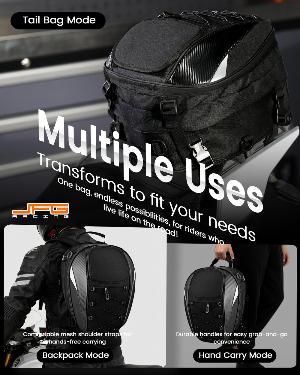 JFG RACING tail bag easy-installation ensures quick secure mounting on most bikes