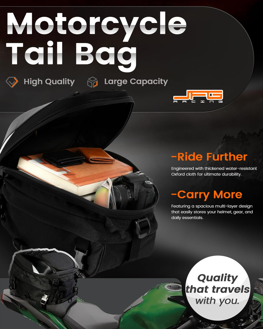 JFG RACING tail bag expandable-bottom design adds space for gear on trips