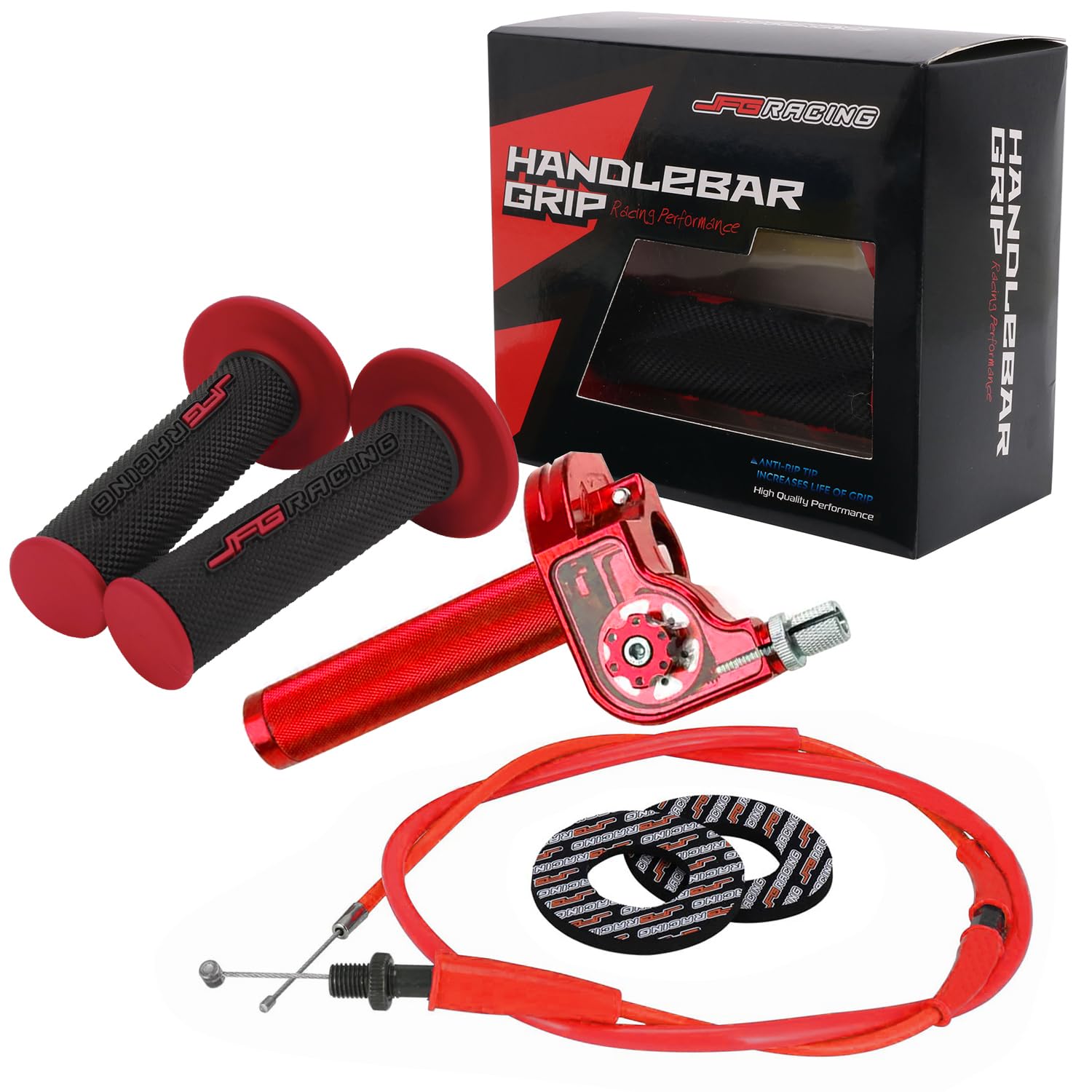 JFG RACING throttle assembly front view shows universal fit for dirt bikes
