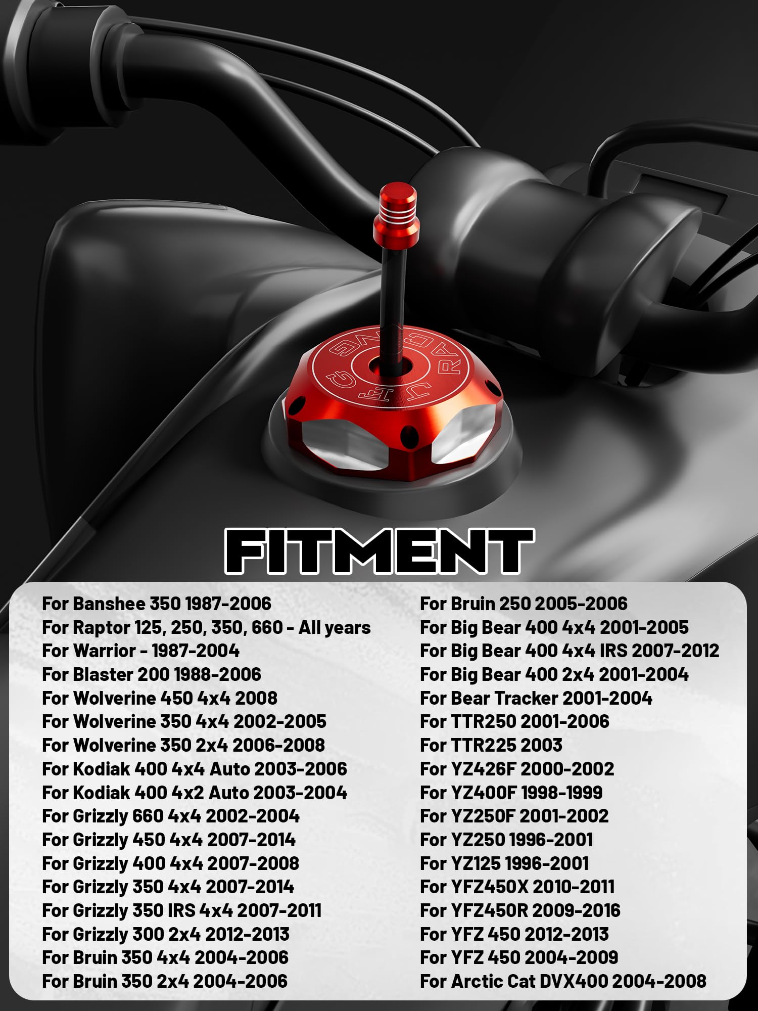 JFG RACING YFZ-450R gas cap with anodized finish, lightweight protection.