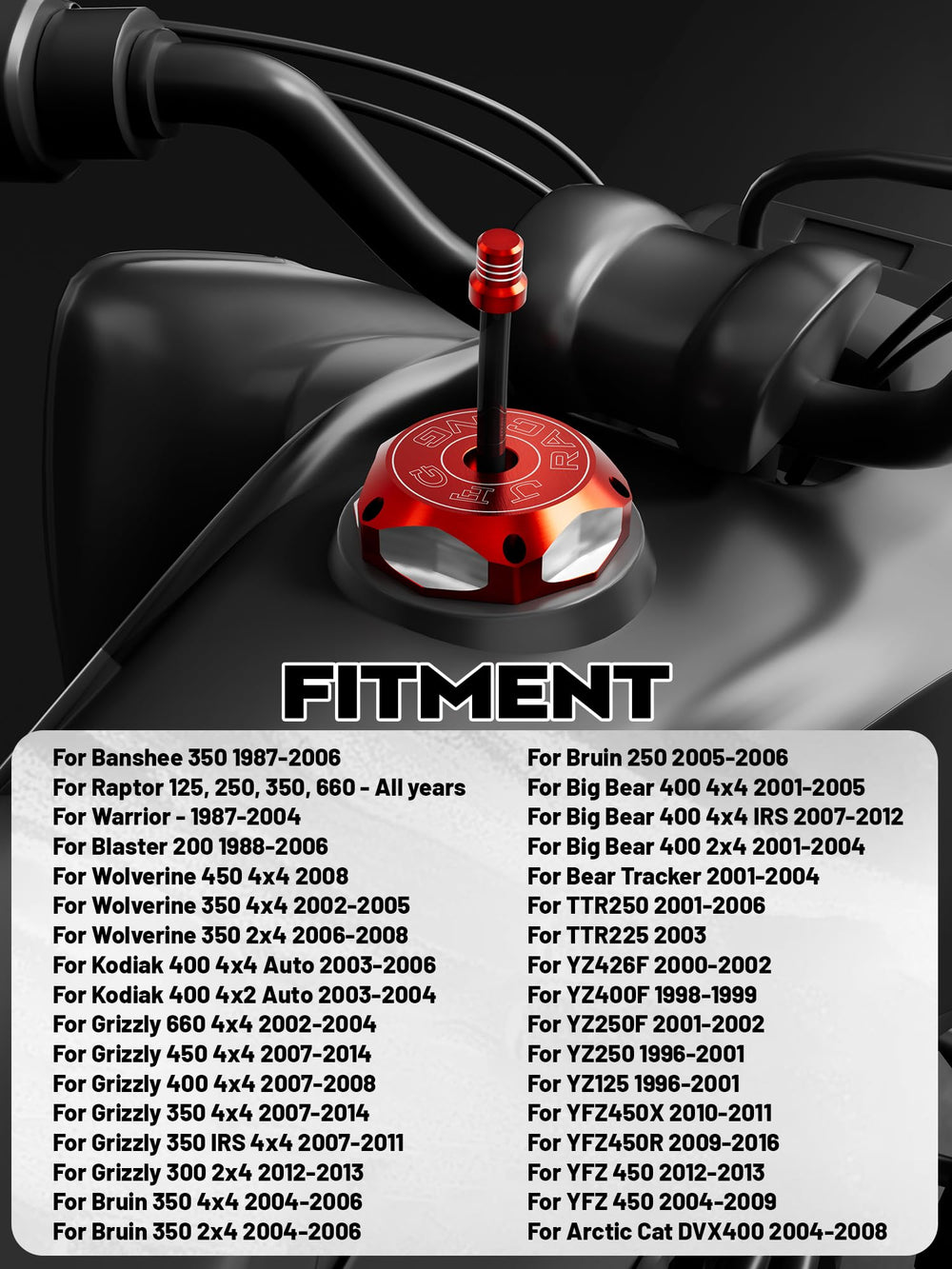 JFG RACING YFZ-450R gas cap with anodized finish, lightweight protection.