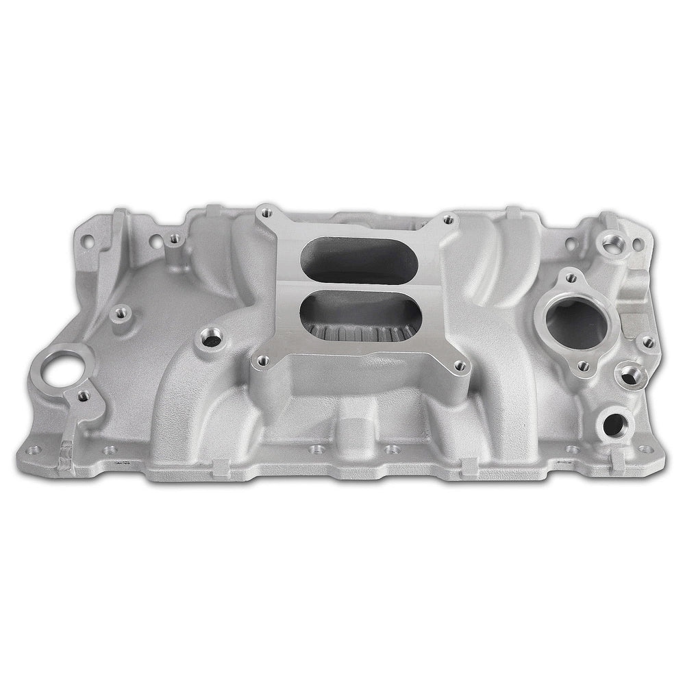 JGhyperX 2701 intake manifold front view in aluminum shows durable dual‑plane design