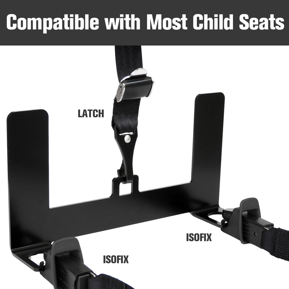 JHKLS bracket installed on car seat showing secure attachment.